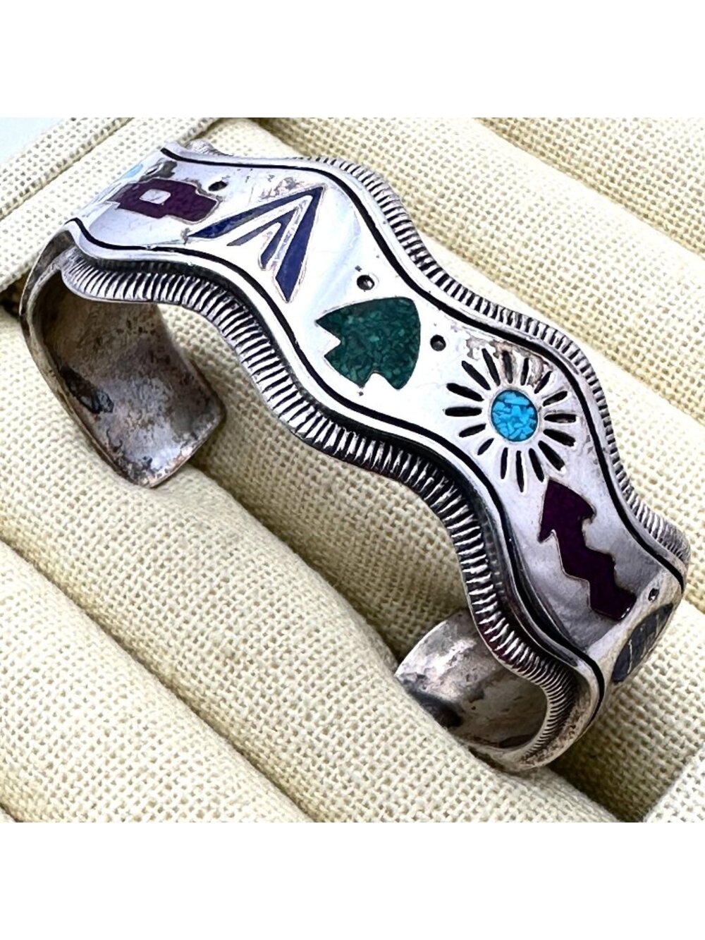 Vintage Carolyn Pollack Turquoise Inlay Gemstone Cuff Bracelet Sterling Silver